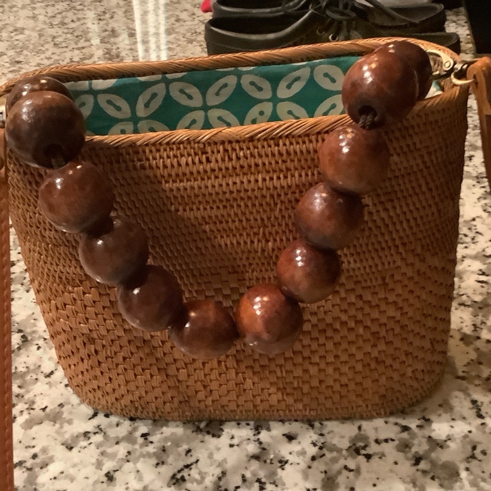 Brown Woven Handbag with Wooden Bead Strap